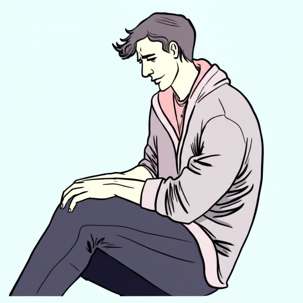 Illustration of a man looking tired and reflective, sitting alone