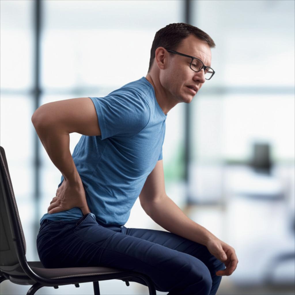 A man sitting on a chair looking tired and rubbing his lower back, with a blurred background of a busy office or home. Focus on fatigue and discomfort.