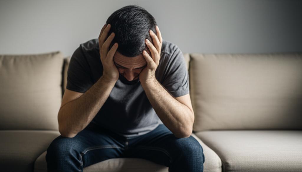 A man sitting on a couch looking tired and frustrated, holding his head in his hands, indoor lighting, realistic style