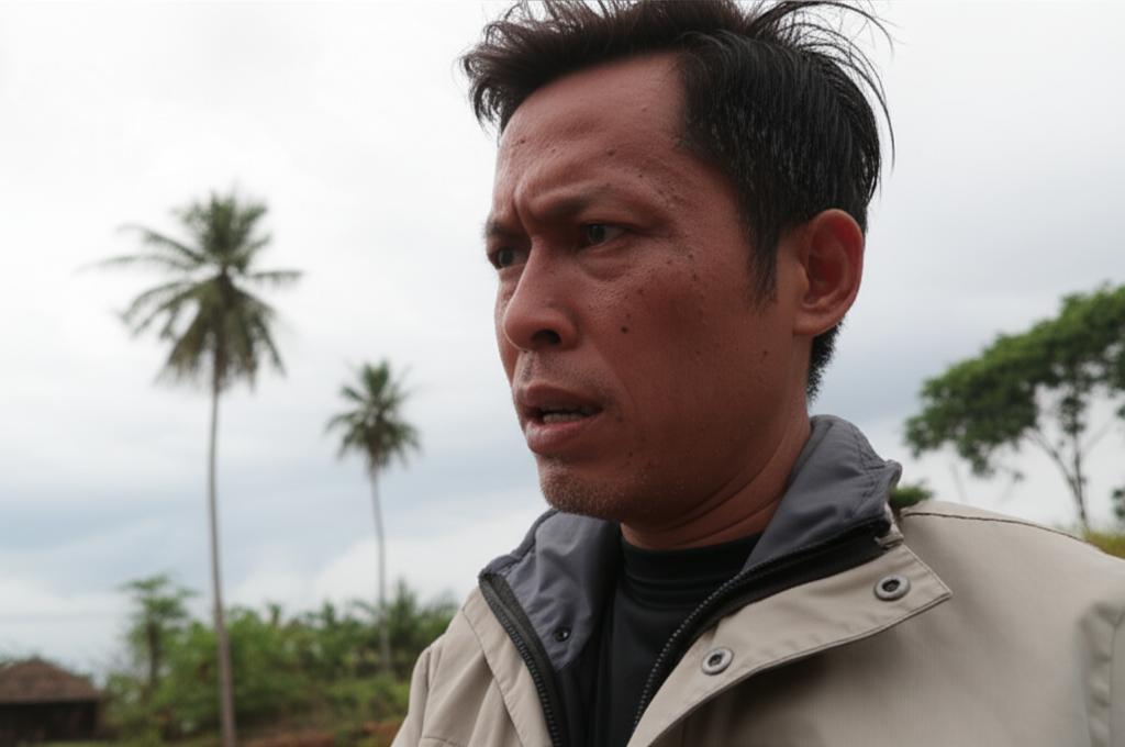 A man in Indonesia feeling cold and weak, looking concerned. AI prompt: A man in a tropical setting like Indonesia wearing a light jacket and shivering slightly, looking tired and thoughtful, overcast sky.