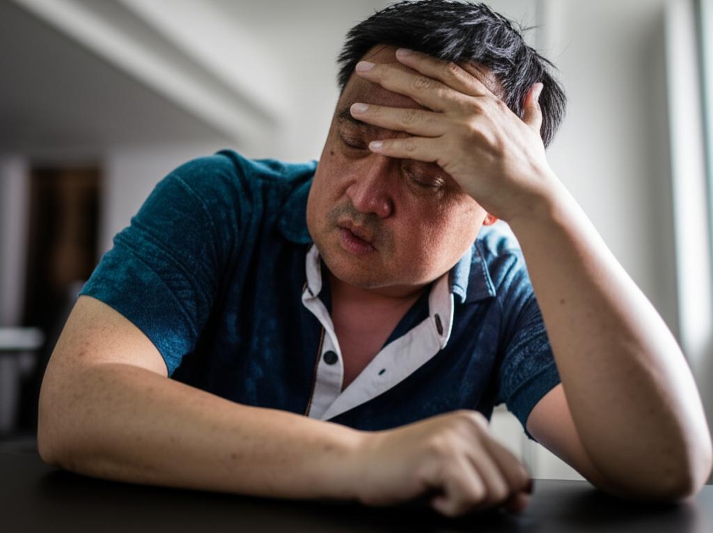 man looking frustrated or thoughtful about aging and vitality decline, sitting alone