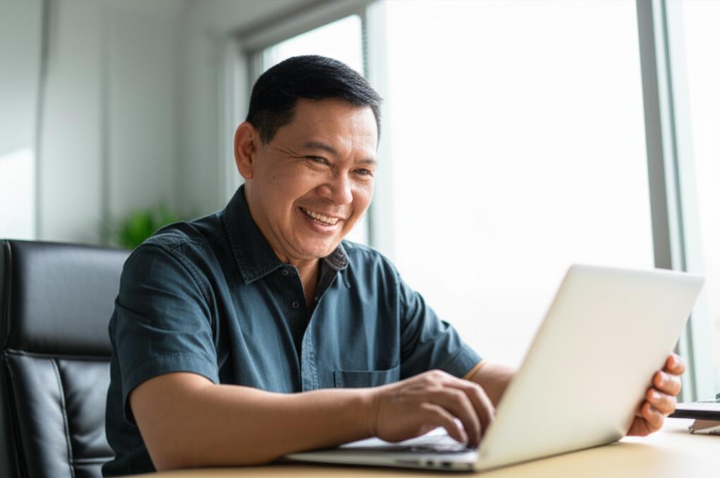 AI prompt: Portrait of a smiling middle-aged Indonesian man looking energetic and focused while working on a laptop in a bright office environment. Soft natural light.