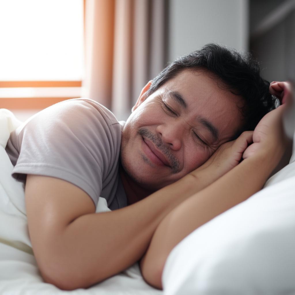 AI prompt: Smiling Indonesian man in his 50s sleeping peacefully in bed, sunlight coming through window, feeling refreshed, realistic photo