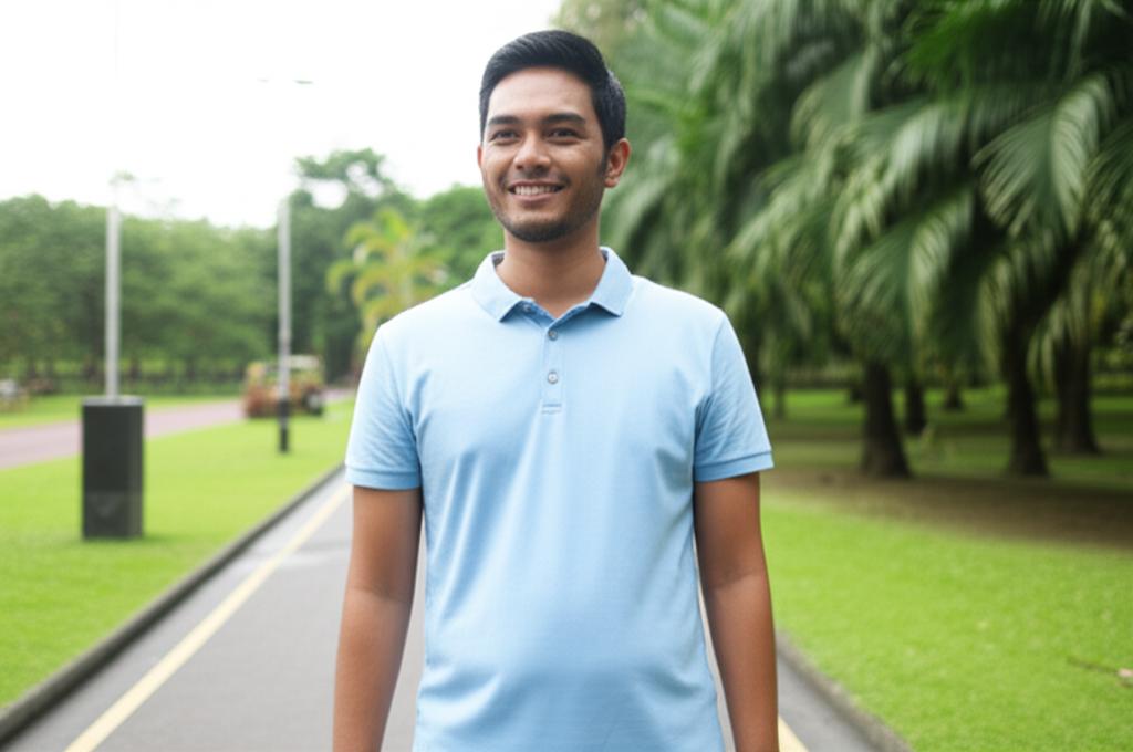AI prompt: A man (representing Budi) smiling and looking relaxed while taking a walk in a park in Jakarta. He appears healthy and energetic.