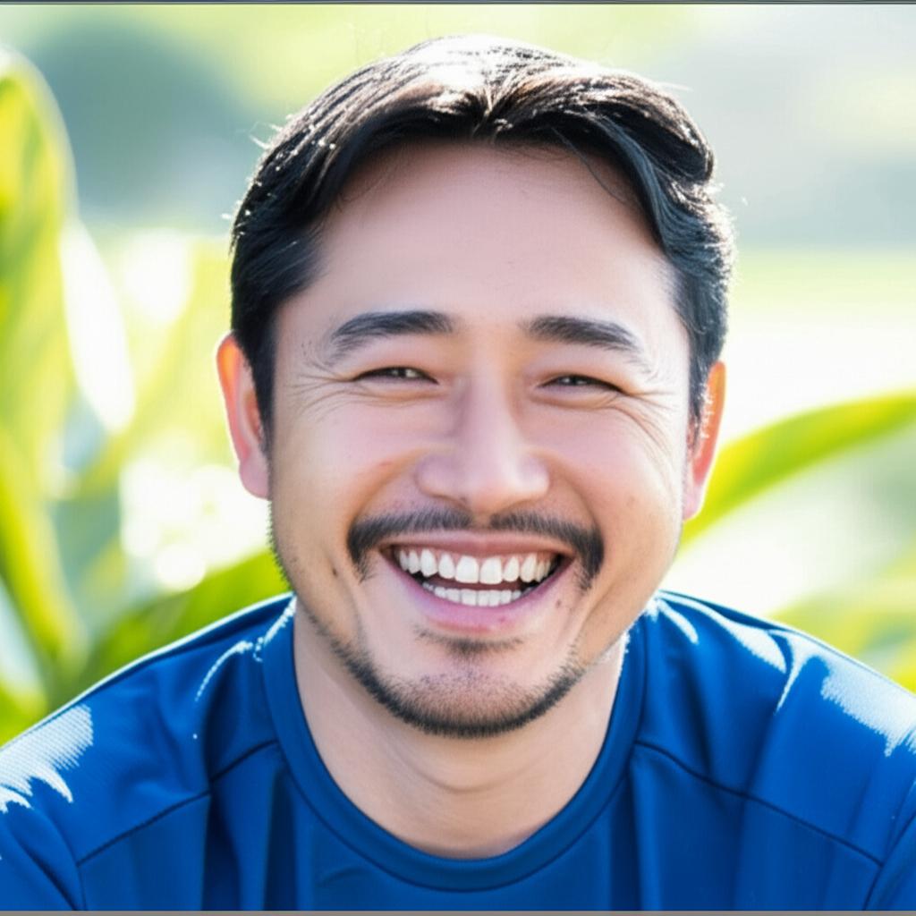 ai prompt: portrait of a smiling middle-aged asian man, looking confident and happy, outdoor setting, natural light