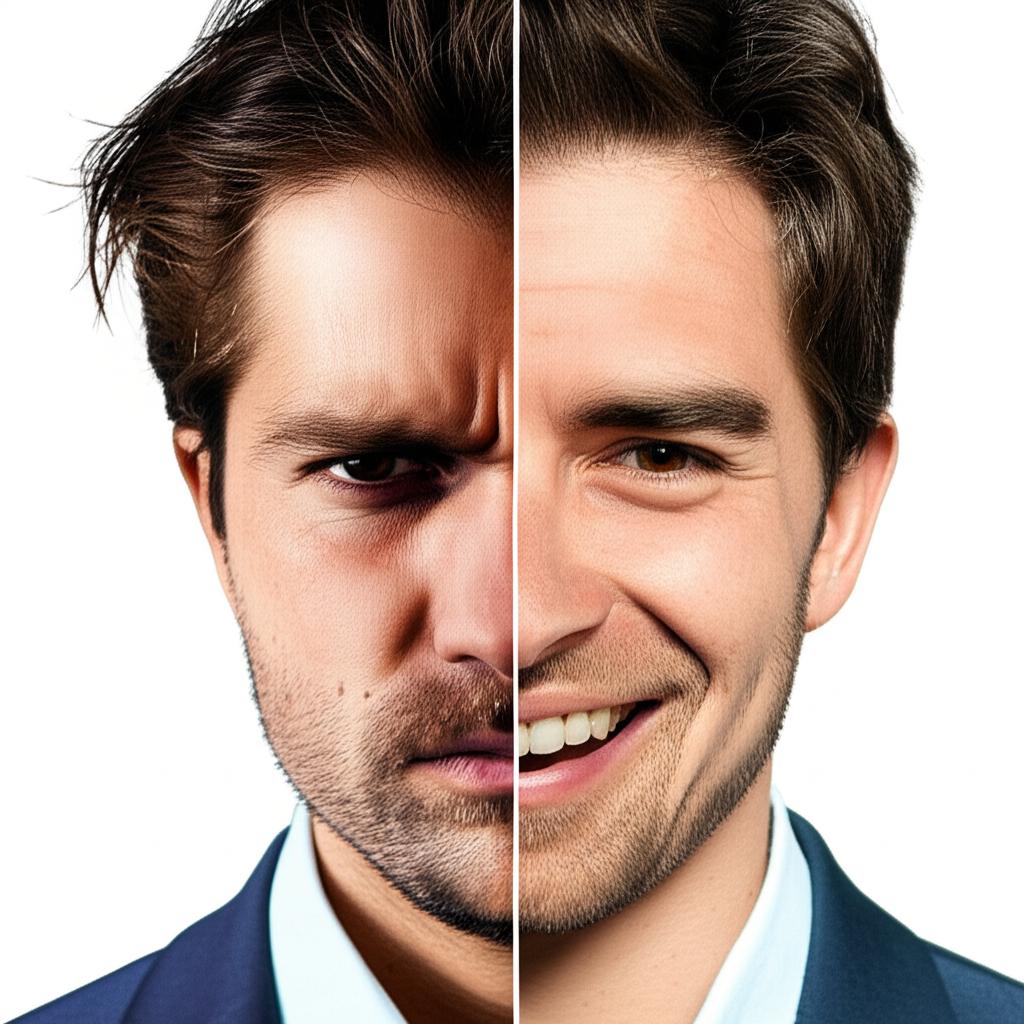 Split image showing a man looking tired and frustrated on one side, and the same man looking energetic and smiling, ready for work, on the other side, transformation concept, dynamic style
