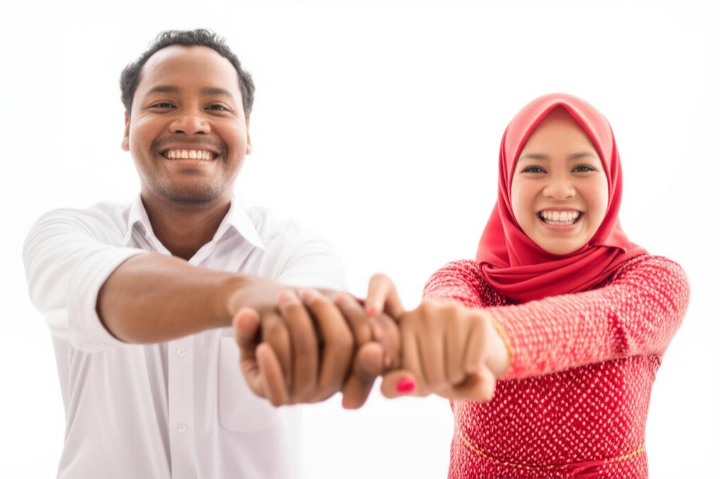 AI prompt: A happy Indonesian couple holding hands, smiling and looking energetic, with a bright background.