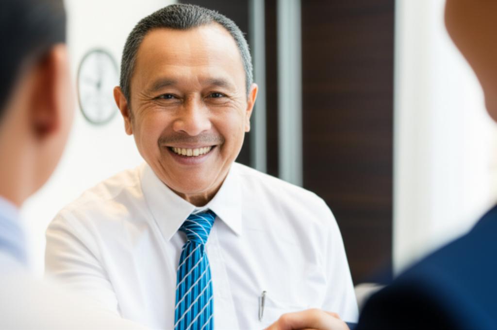 A smiling Indonesian man in his 50s looking confident and energetic, perhaps shaking hands or engaging in a positive interaction