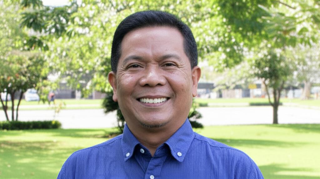 Photo realistic image of a smiling Indonesian man in his 50s looking confident and healthy, outdoors in a park.