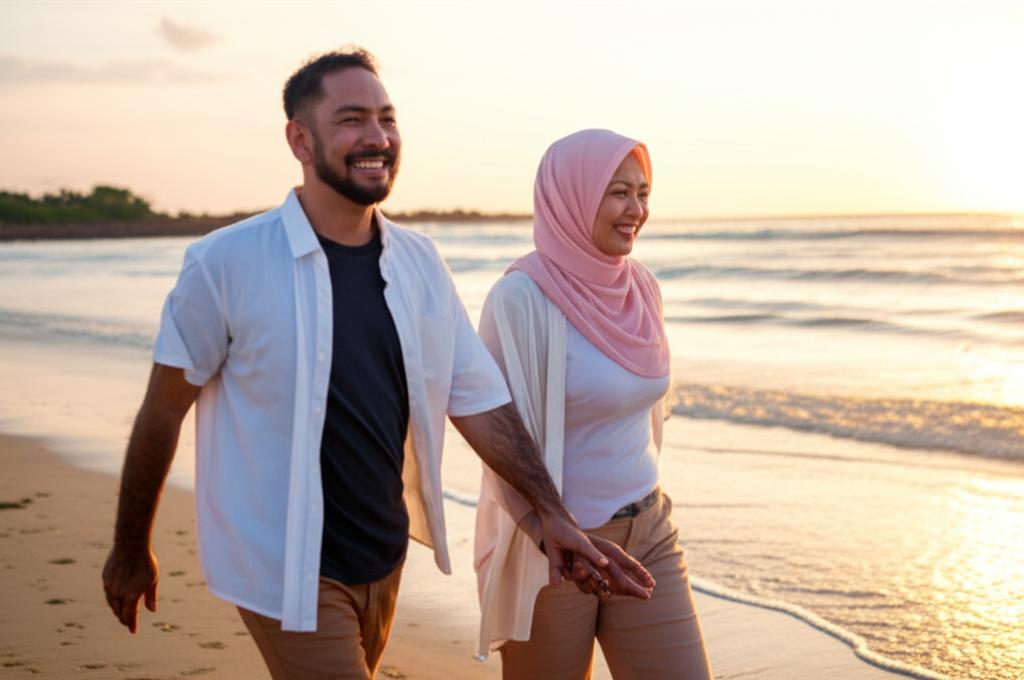 Smiling middle-aged Indonesian couple enjoying a walk by the beach at sunset, looking happy and connected