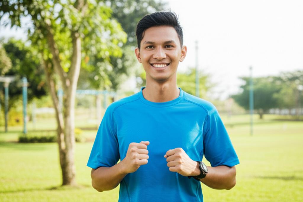 AI prompt: An Indonesian man smiling confidently while exercising outdoors in a park, looking healthy and energetic, bright natural light, realistic photo