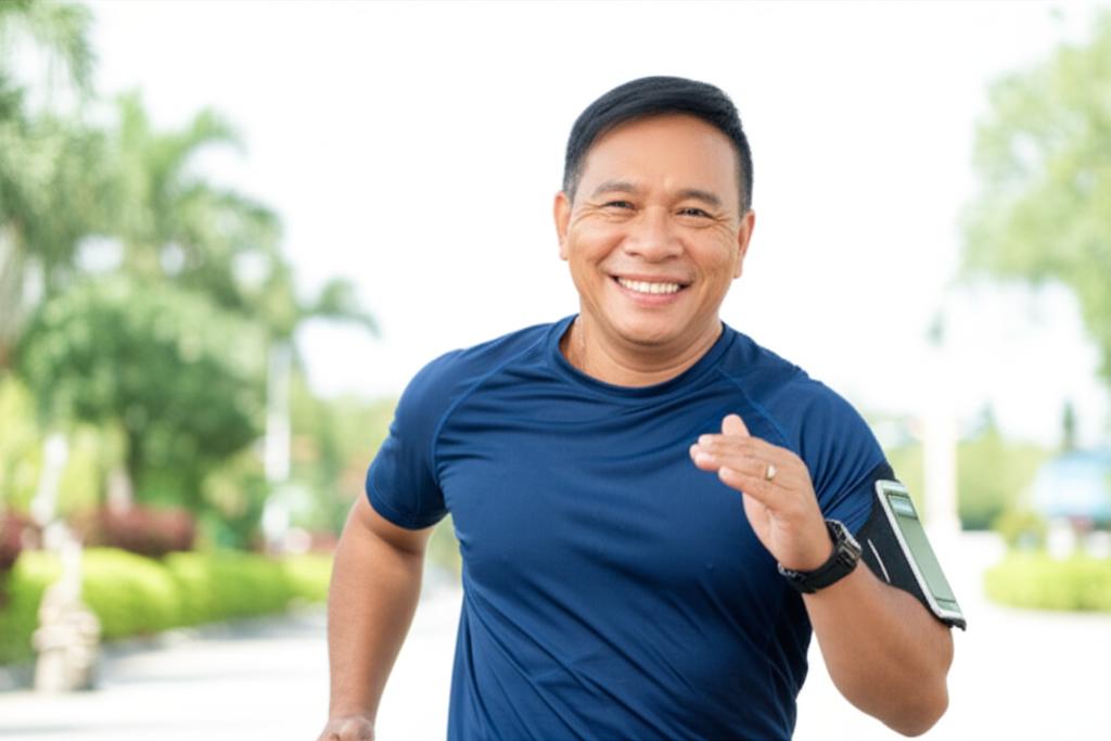 A smiling Indonesian man in his late 40s looking energetic and healthy, perhaps doing a light activity like walking or stretching, with a bright background.