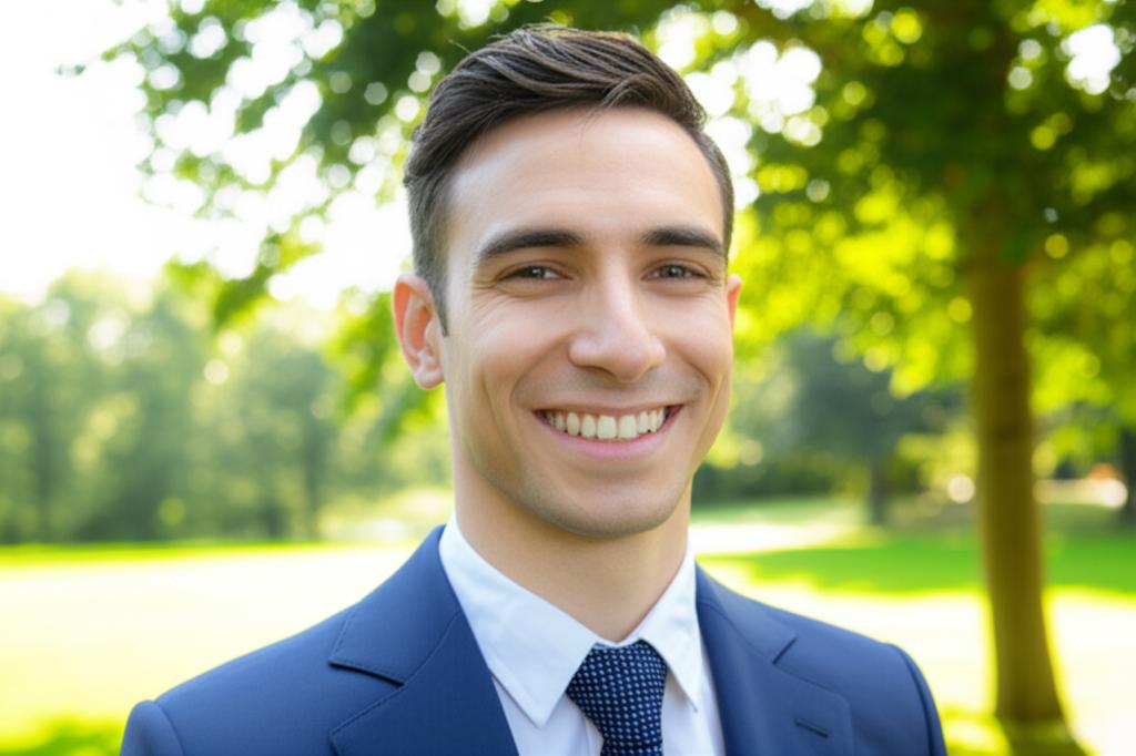 A man smiling confidently, looking energetic and healthy, in a park setting, sunny day, realistic style