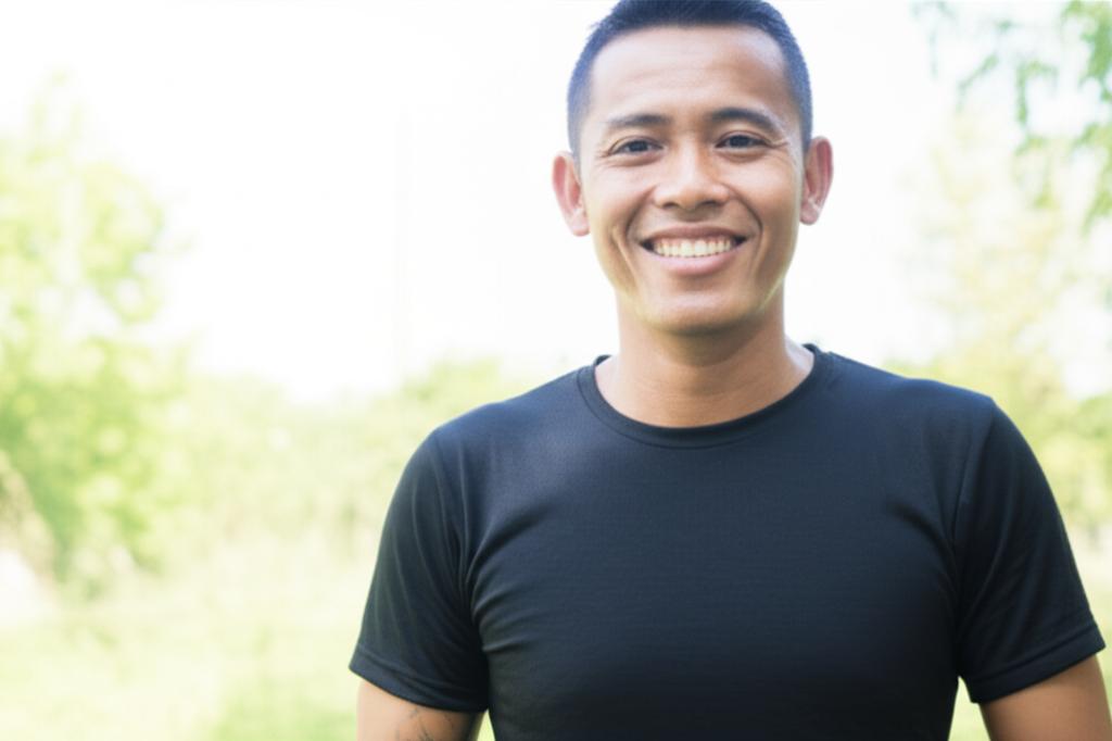 Adi, a man from Indonesia, looking energetic and healthy, smiling outdoors. AI prompt: A man in his 40s from Indonesia, looking vibrant and healthy, smiling confidently outdoors with a bright background.
