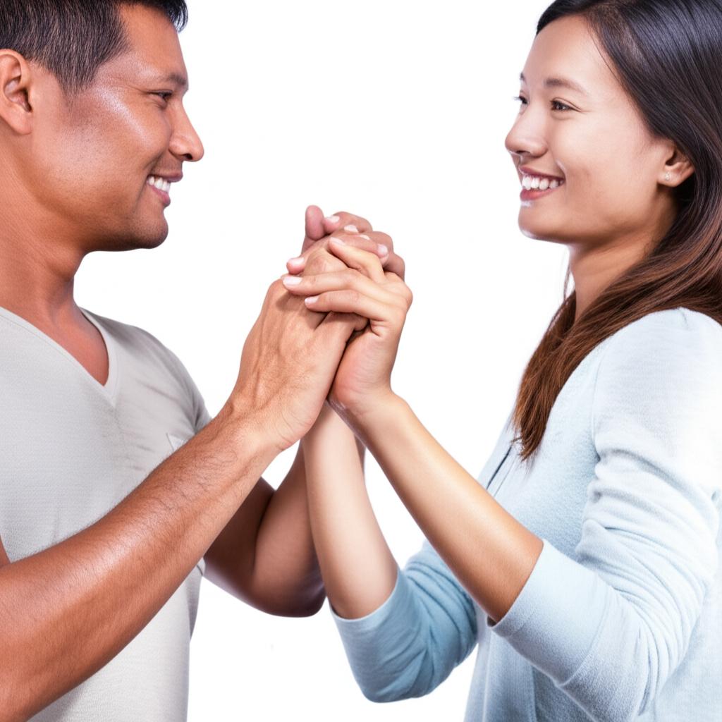happy couple holding hands, representing improved intimacy and relationship after solving vitality issues, smiling together