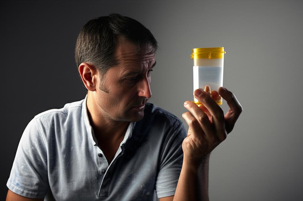 A man looking tired and holding a pill bottle, contemplating his situation. Realistic photo.