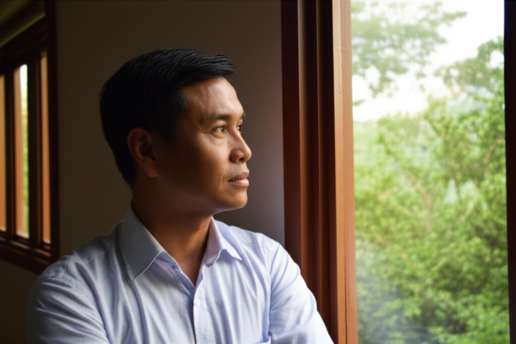 A thoughtful Indonesian man looking out a window, contemplating his health and future, desiring natural vitality instead of temporary fixes.
