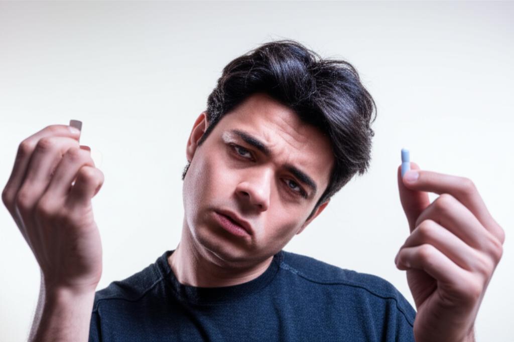 A man looking tired and frustrated, holding a pill in his hand, contemplating.
