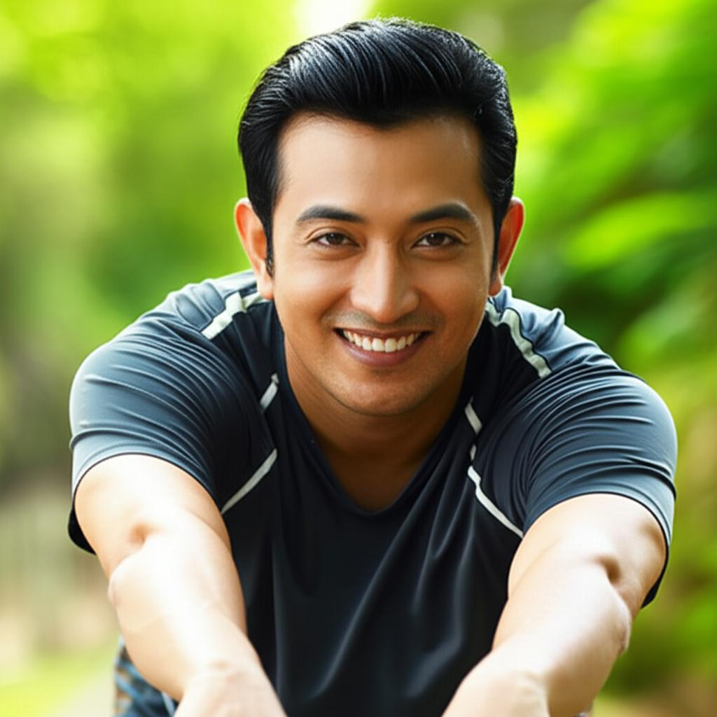A man smiling confidently, looking energetic and healthy, possibly doing a light activity. Realistic photo.