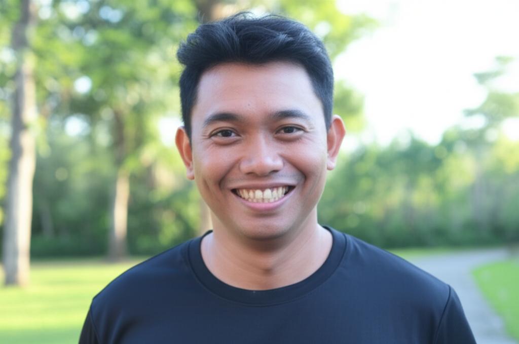 A confident Indonesian man, Budi, smiling and looking healthy, perhaps jogging or enjoying time outdoors, symbolizing his journey to natural vitality.